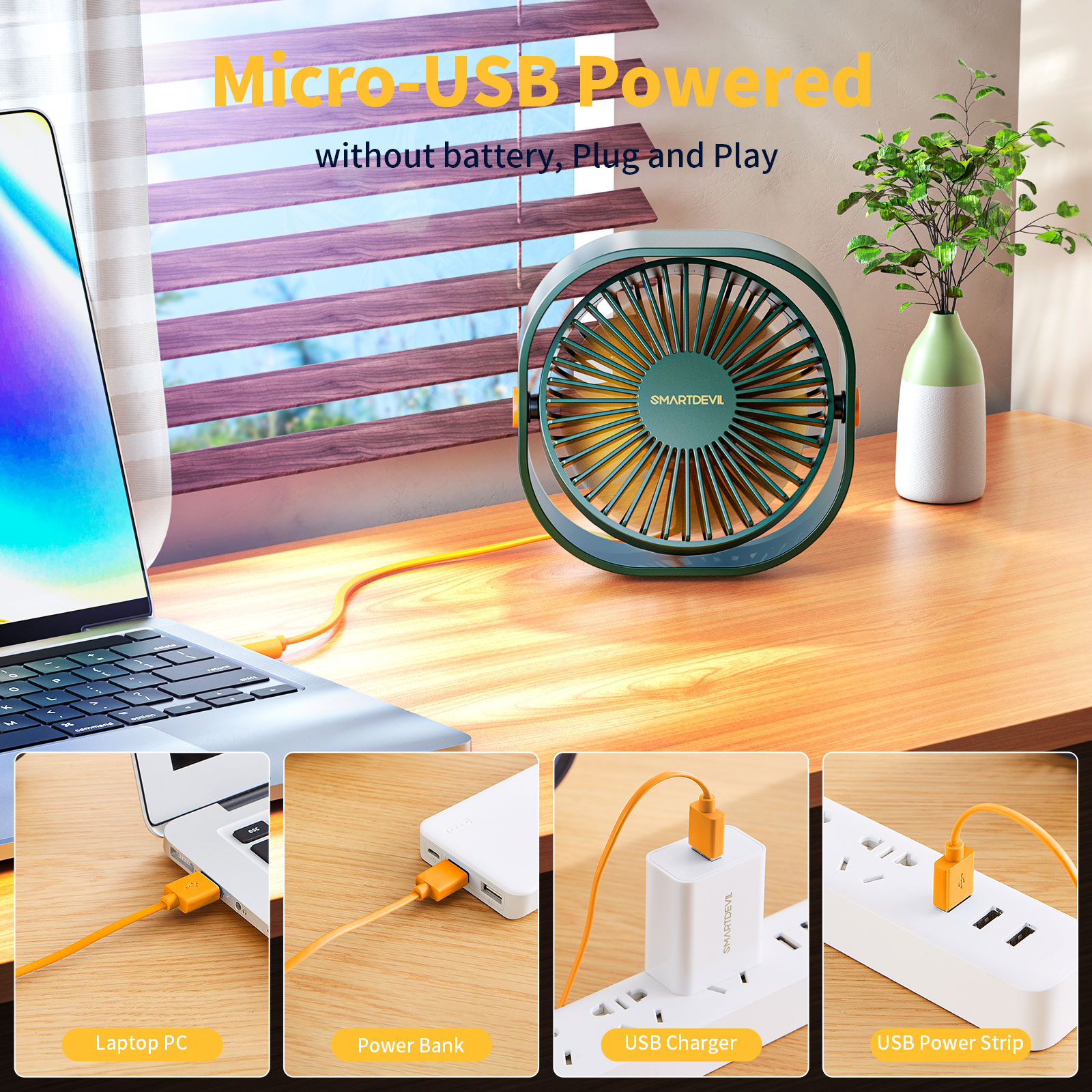 SmartDevil Small Personal USB Desk Fan,3 Speeds Portable Desktop Table Cooling Fan Quiet Operation for Home Office Car Outdoor