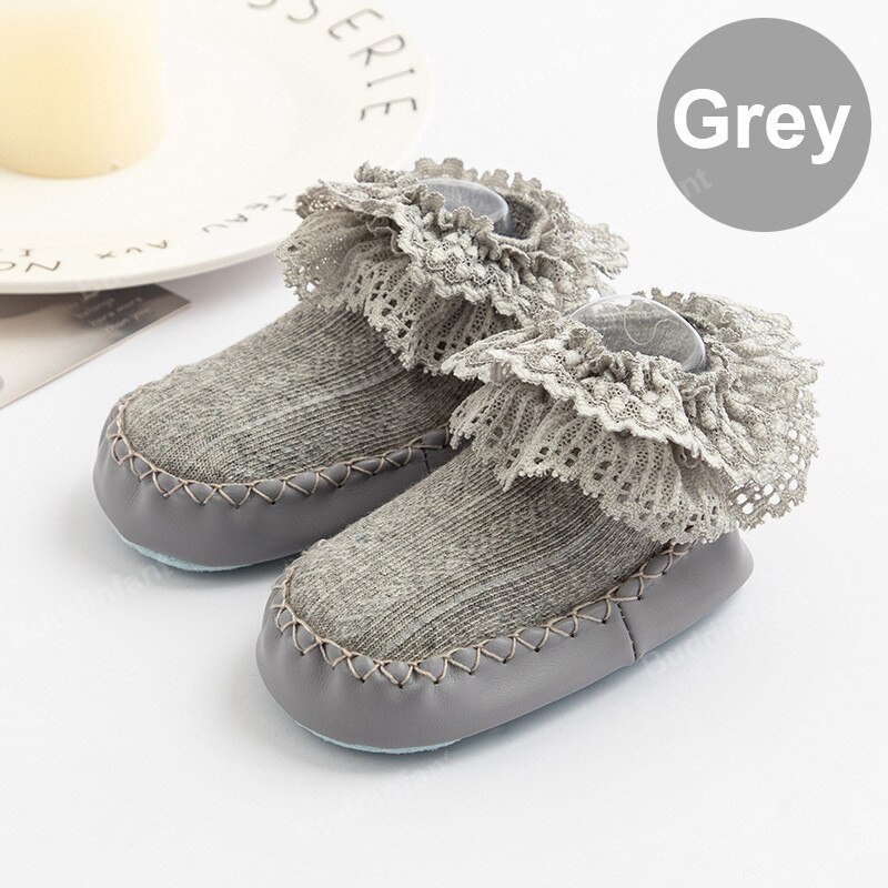 Sokken Meisje Kant Ruche Sokken Met Rubberen Zolen Voor Peuters Rubberen Zool Sokken Prinses Baby Sok Schoen slipper: grey / Insole 11.5cm