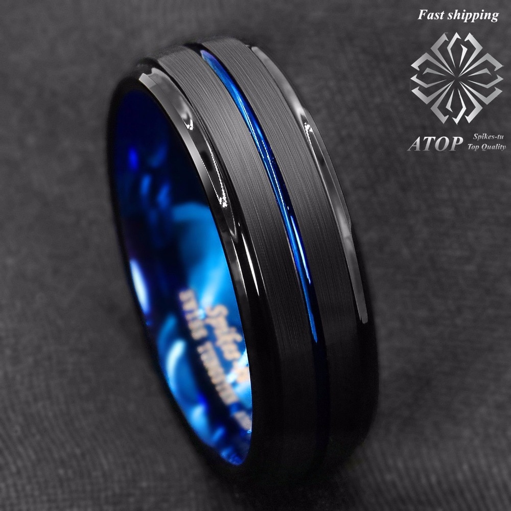 8mm zwarte geborstelde ladderrand wolfraam ringen met blauwe streep bovenop heren trouwring