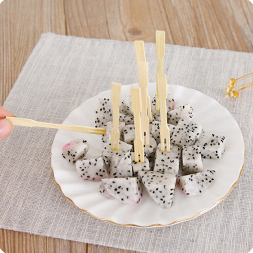 80PCS Disposable Bamboo Catering Forks Fruit Stick Finger Food Pick Fruit Fork Bamboo Wooden Fork Kitchen Accessories H5