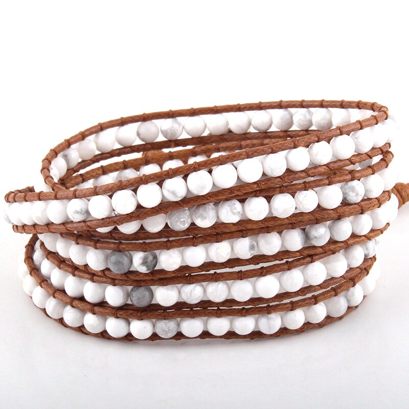 Joyería de para mujer, pulsera de cuero marrón hecha a mano, 5 hebras, piedras naturales de 4mm, pulseras envolventes, DropShippers: white