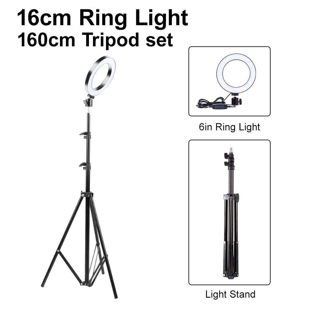 LED Makeup Light Ring 5500K Dimmable Photographic Lighting With Tripod Stand LED Lamps Selfie Phone Ring Light For Video Camera: 6 inch 1.6m set