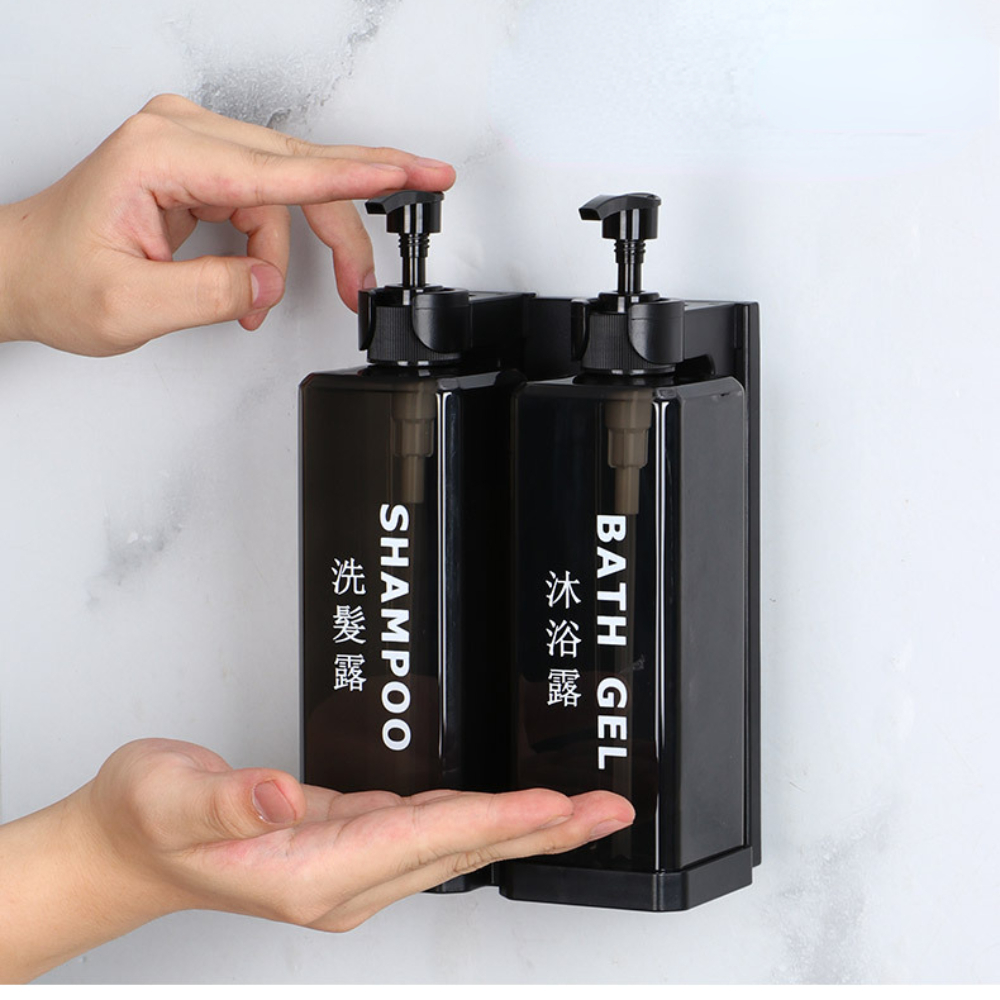 Botellas separadas de champú y gel de ducha para hotel, cajas de desinfectante de manos sin perforación montadas en la pared, dispensadores de jabón manuales montados en la pared