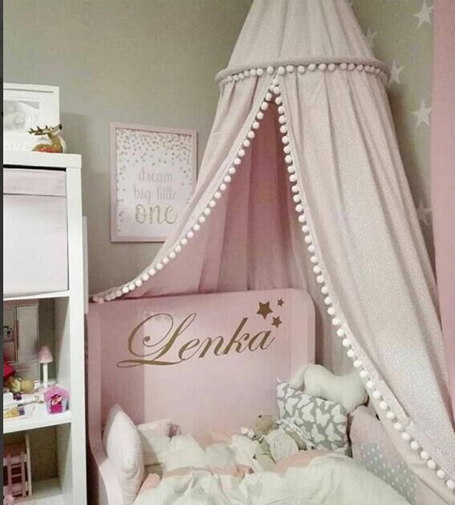 Children Crib Baby Bed Pompons Canopy, Round Dome Hanging Valance Kids Play Tent Mosquito Net Curtain Room Decor White Grey Pink