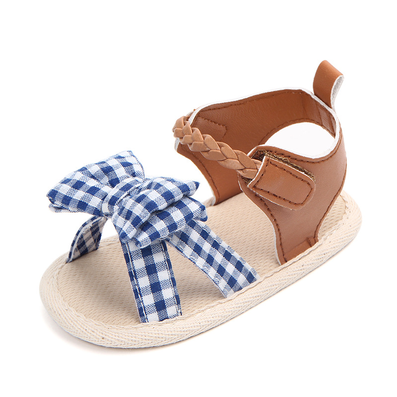 Brand Newborn Baby Sandals Princess Shoes Girls Summer Soft Plaid Bow Sole Sandal Bowknot Sandals Baby Shoes 0-18M: Blue / 7-12 Months