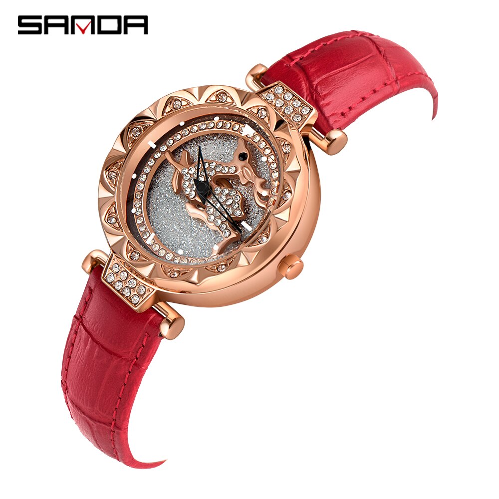 Sanda dameshorloge met kristal, diamant, draaibare wijzerplaat, leren stalen magneet, waterdicht quartzhorloge: Leren riem rood