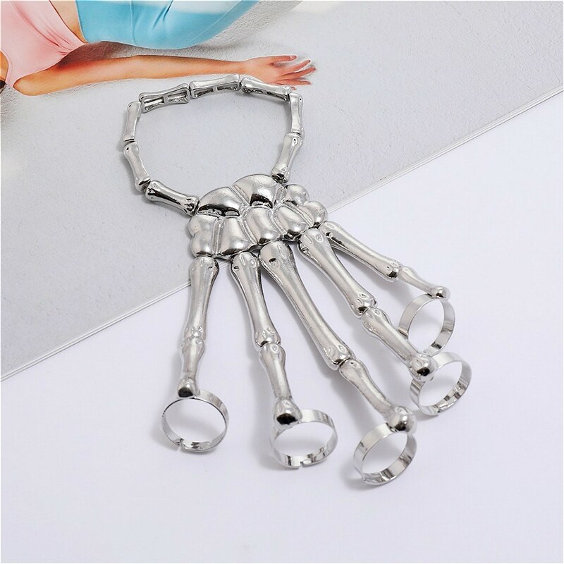 Halloween para mulher gótico punk mão schedel esqueleto elasticidade ajustável pulseira femme acessórios de festa pulseiras: Silver.