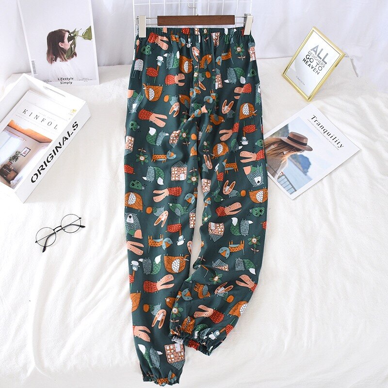 Forår og sommer kvinder blomstret soveunderdel komfort løs bomuld satin bukser elasticitet talje damer store homewear bukser: Tegneserie grøn / L