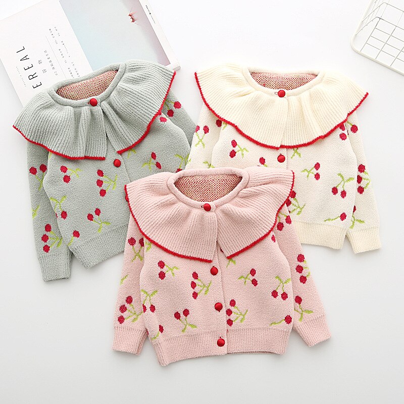 Baby piger sweatere efterår cardigan sweater kirsebær broderi børnetøj baby strik outwear 1-5y