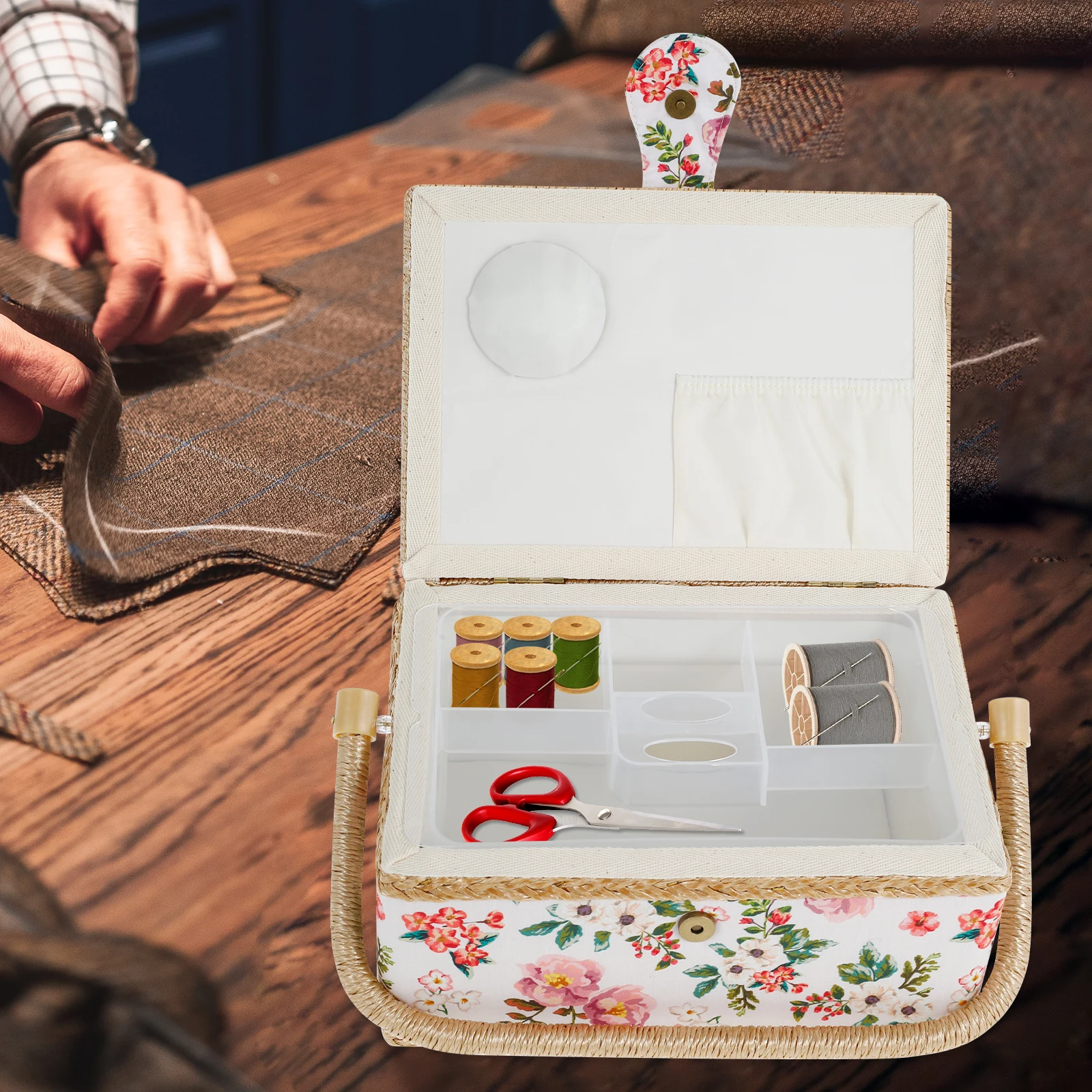 Sewing Basket with Removable Tray Practical Sewing Basket Organizer with Interior Pocket Portable Sewing Storage Box Stylish: light green