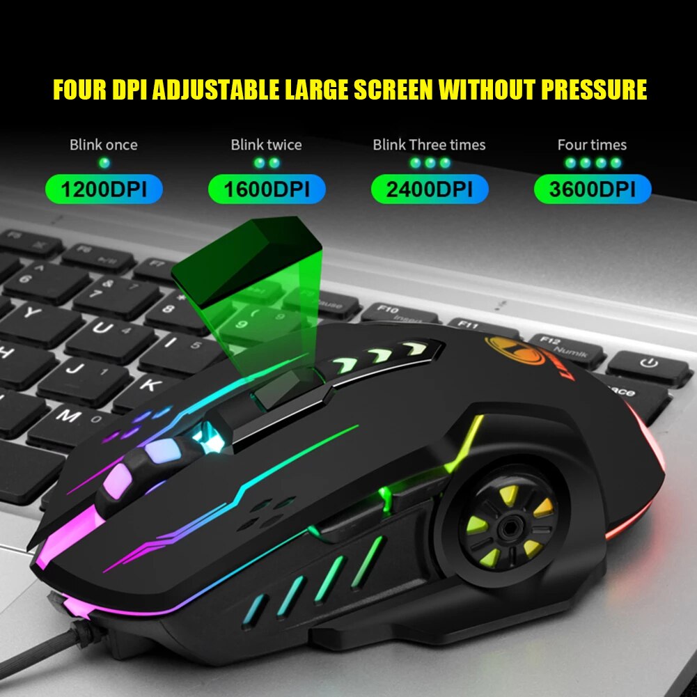 Kabelgebundene gaming-maus mit v7 usb-anschlüssen , 3600 dpi-einstellungen , 6 tasten, hintergrundbeleuchtung, farbiger led-beleuchtung – ideal für e-sport, laptops und pcs.