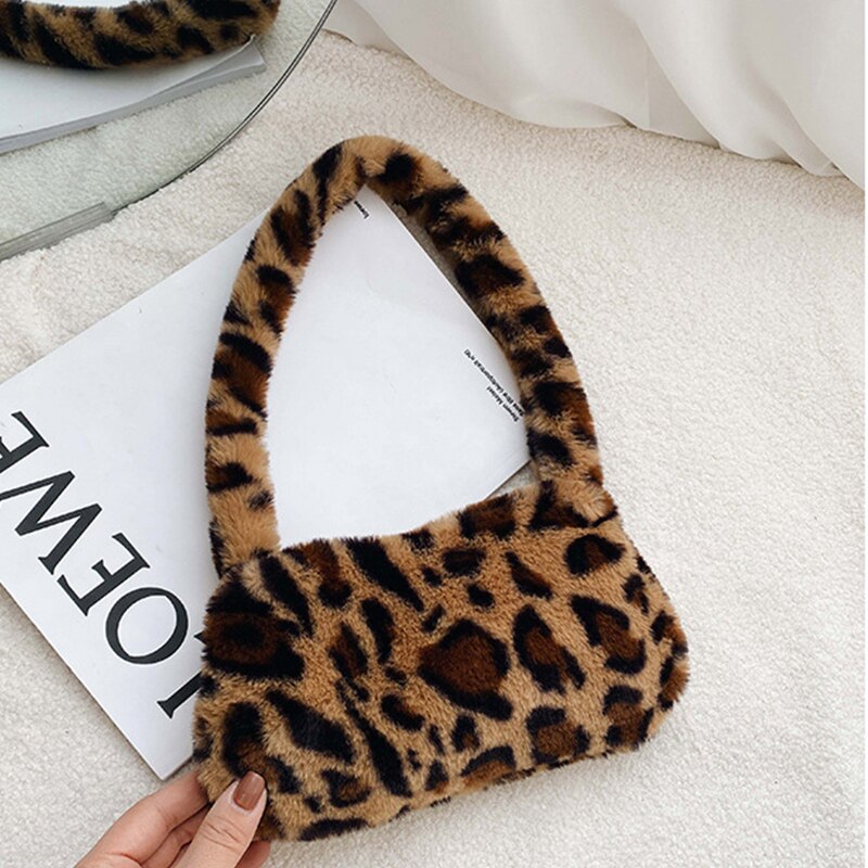 Winter Vintage Zebra Patroon Schouder Onderarm Zak Vrouwelijke Pluche Herfst Handtas Zachte Warme Bont Tote Purse Voor Lady Clutch Bag sac: brown leopard