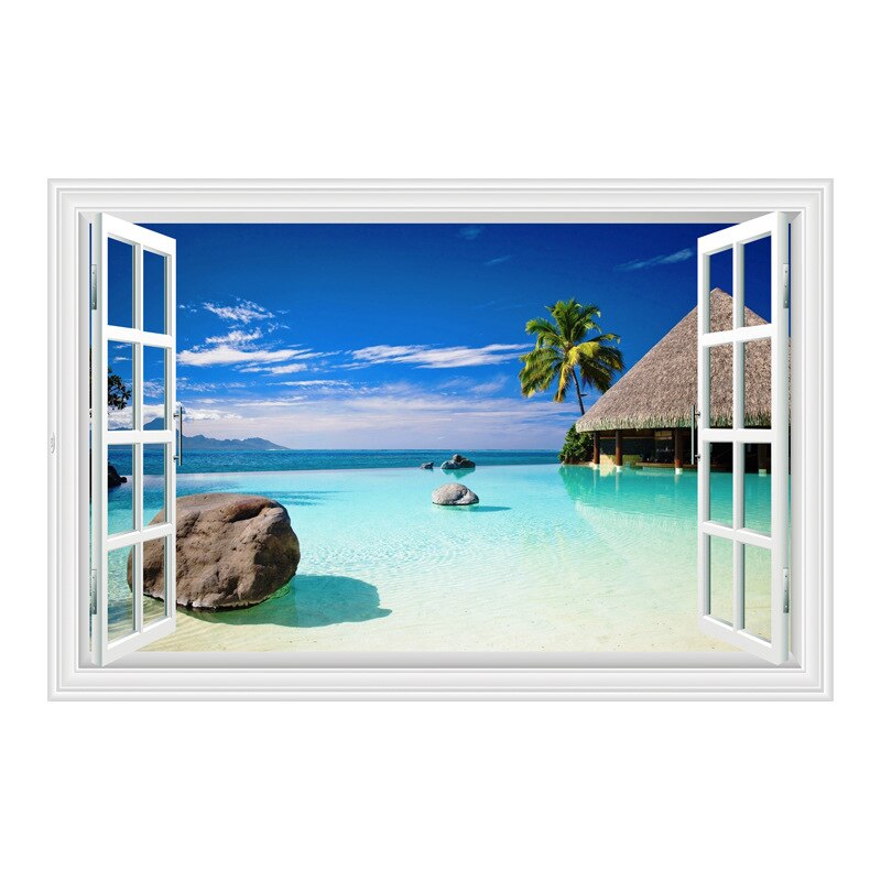 3D stickers Mediterranean blue false window scenery bedroom living room hotel decoration wall stickers: D