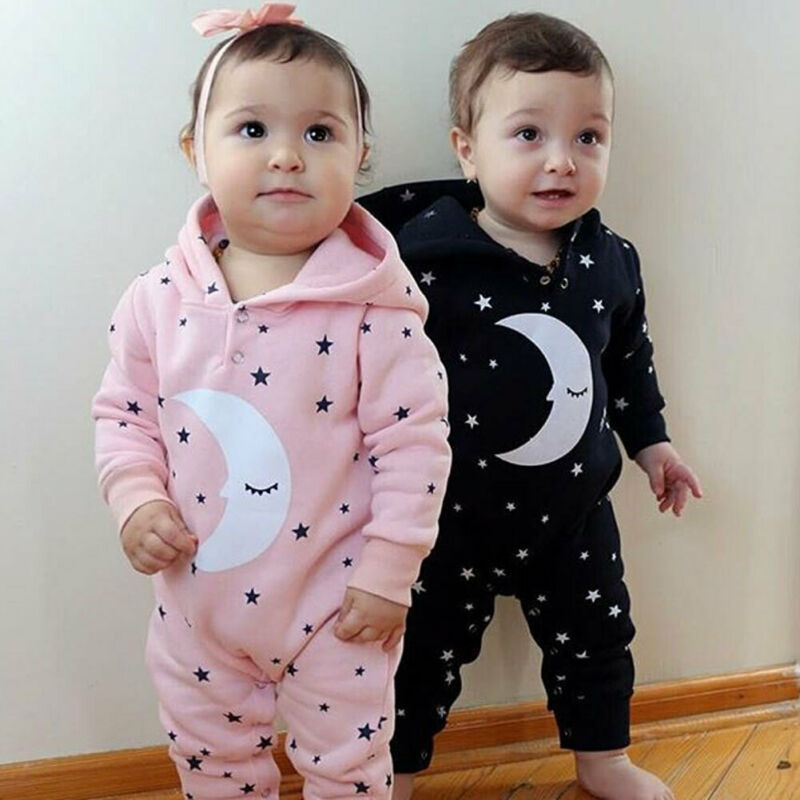 Autumn winter infant baby romper long sleeve warm stars moon print hoodie jumpsuit newborn baby clothes
