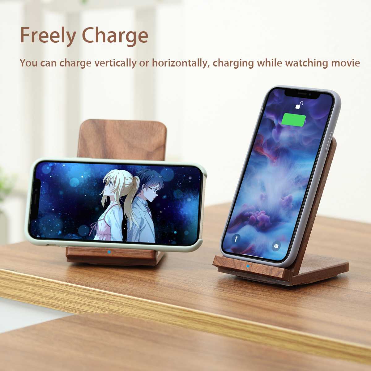 Walnut Wooden 15W Qi Wireless Charger Pad Fast Charging Docking Station Holder Stand Type-c Port for iPhone for Samsung S20