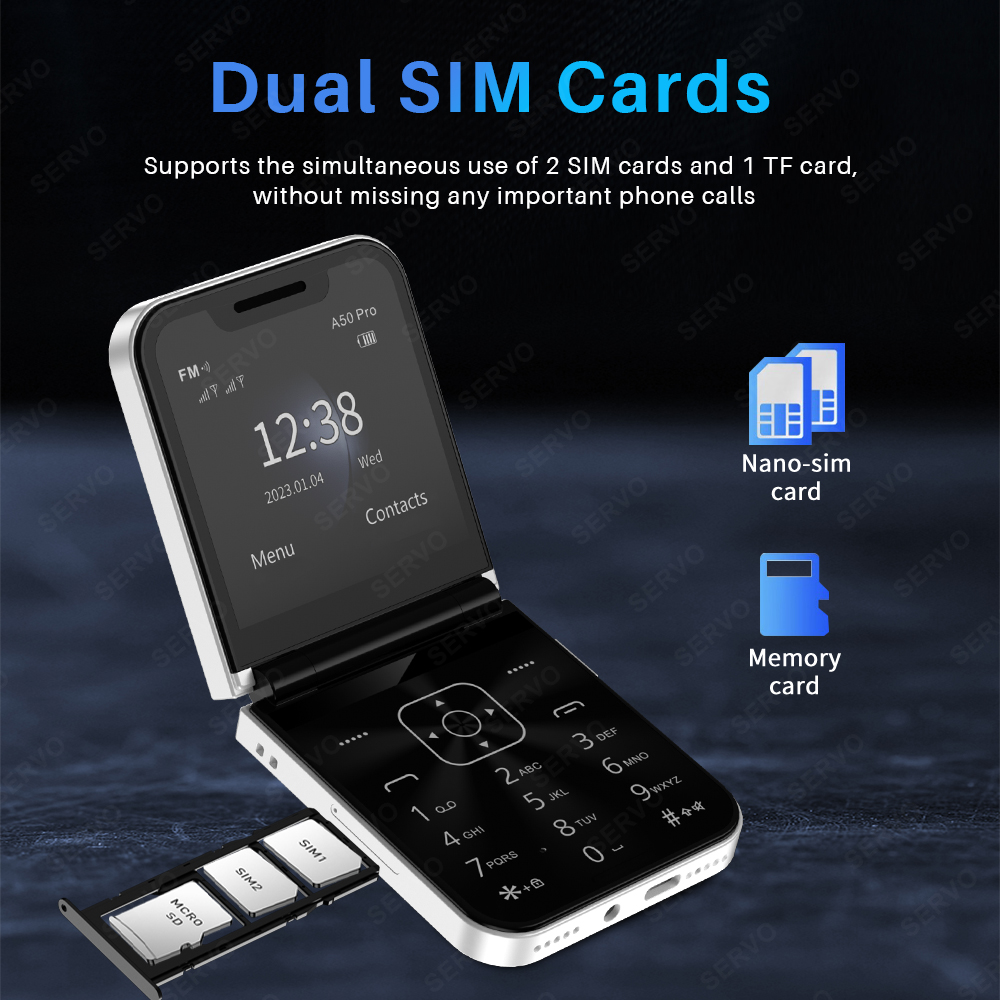 SERVO A50 Profi Klapptelefon, Dual-SIM-Karte, GSM, elektrische Taschenlampe, automatische Anrufaufzeichnung, 2,4-Zoll-Bildschirm, faltbare Mobiltelefone Typ C