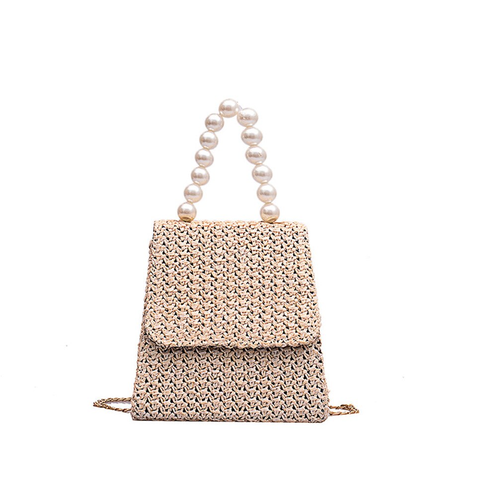 Manico perla di Modo Delle Donne Nuove Borse di Paglia Femminile Fatti A Mano In Rattan Intrecciato Borsa Da Spiaggia di Estate Delle Signore Selvaggio Flap Borse A Tracolla Della Spalla: Beige