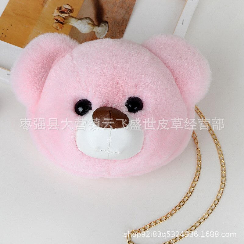 Women Plush Hairy Bag Female Cute Chain Shoulder Messenger Bag Girl Doll Cat Bear Head Bag: 09