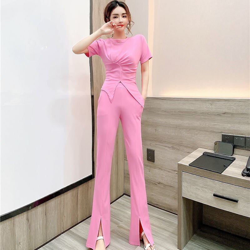 Women Summer Two-piece Suits Female O-neck Irregular Tops Ladies High Waist Split Slim Trousers Sets I86