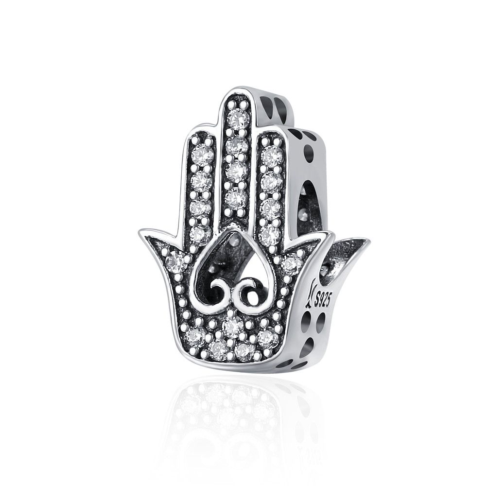 BISAER 925 Sterling Silber Blau Crystals Augen Runde Bead Fatima Hamsa Hand Charme Fit Charme Silber 925 Original Armband Schmuck: ECC225