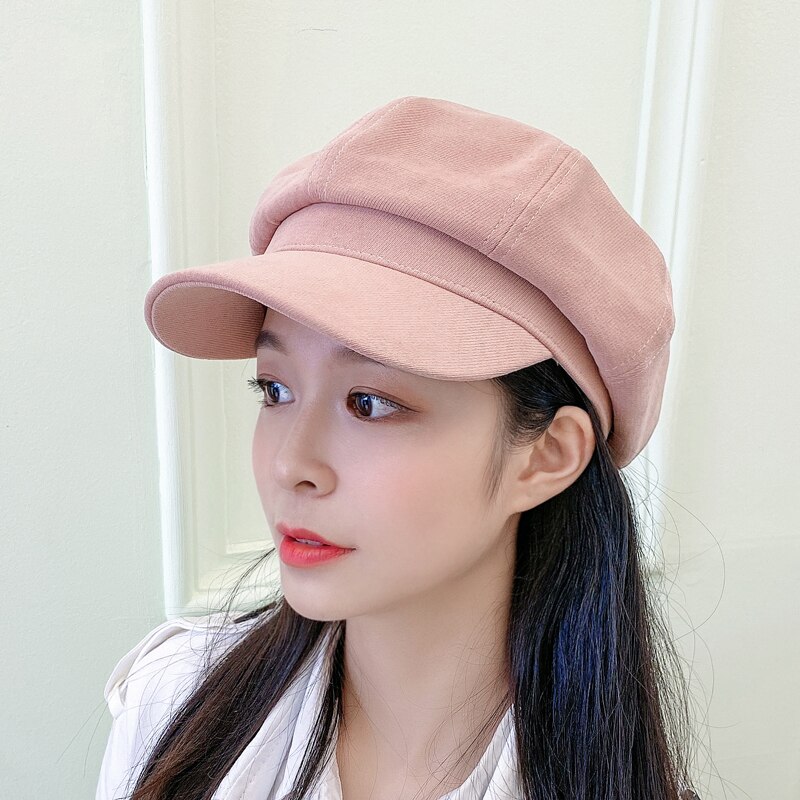 Women Hat Autumn Retro Octagonal Newsboy Cap Ladies Solid Plain Cotton Beret Hat Female Vintage Artist Painter Hat Women Berets: pink