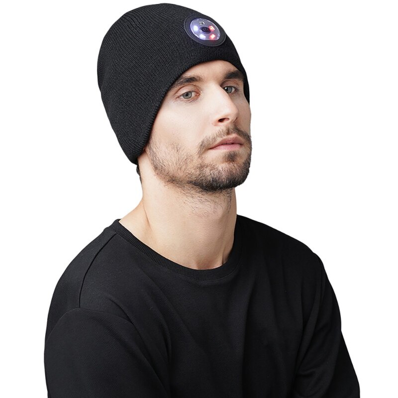 Unisex winter warm knitted hat with led flashlight, hiking led light beanie cap, usb rechargeable hands-free, 5 led spotlight cap