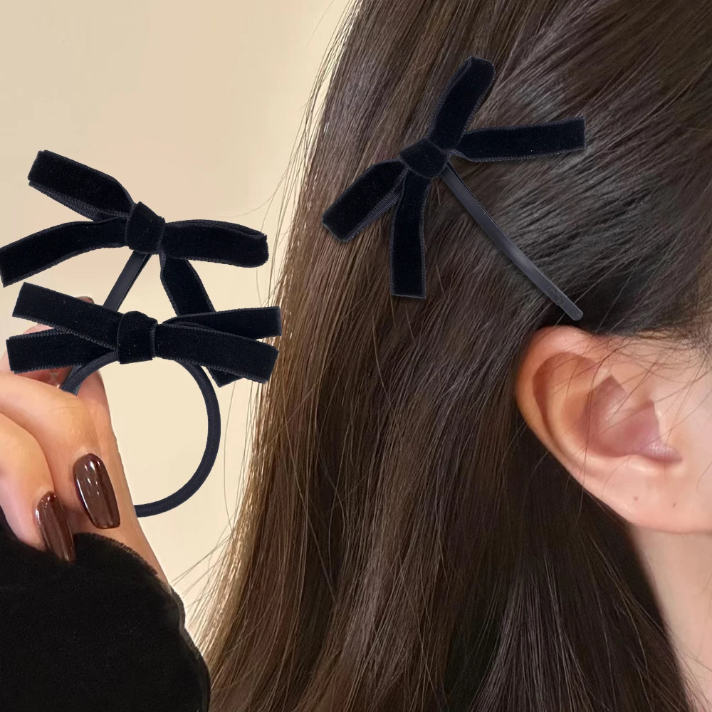Pinza para el pelo con lazo pequeño de terciopelo negro Vintage para mujeres y niñas, Cinta Larga para boda, horquillas coreanas, pasador, accesorios para el cabello, 1/2 piezas