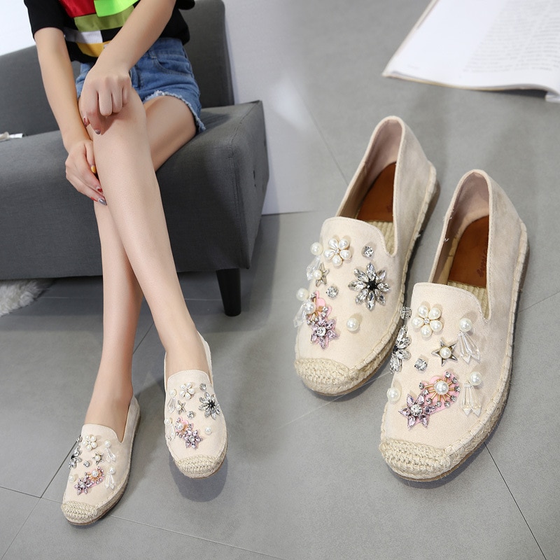 Perle de luxe en tricot pêcheur creeper chaussures femmes perles cousues à la main espadrilles appartements cristal paresseux mocassins antidérapant mocassins