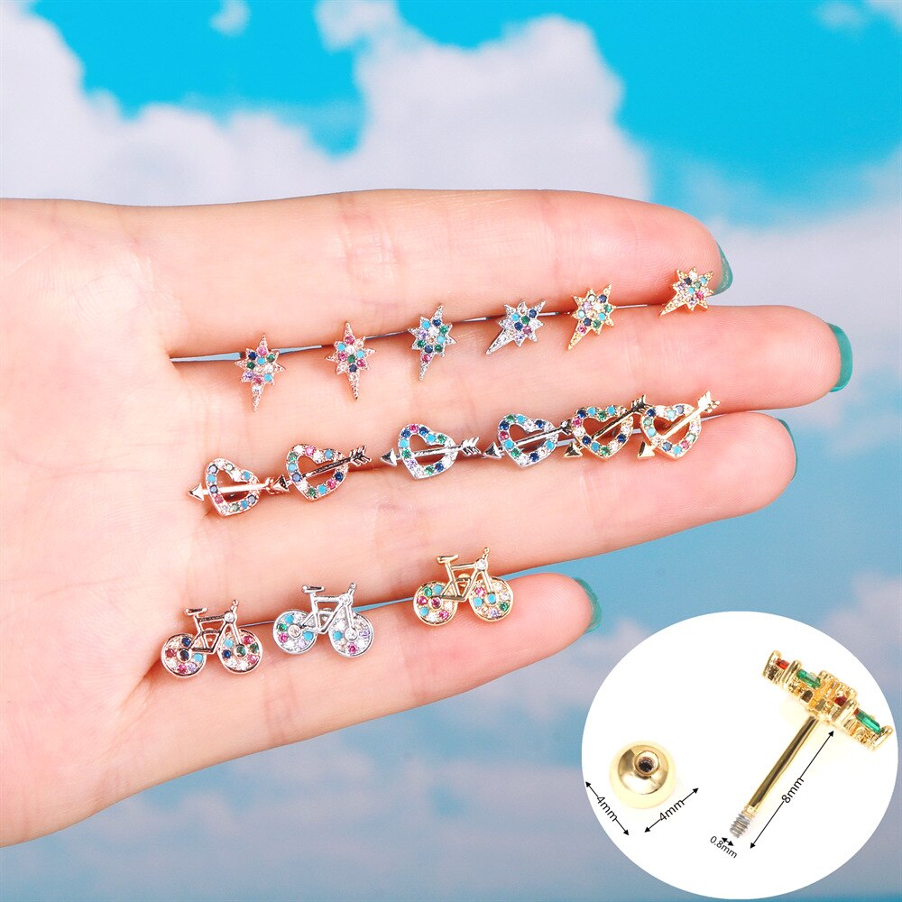 1 pezzo di moda coreana in acciaio inossidabile Piercing elica Stud creativo bici zircone orecchini Piercing all&#39;orecchio per le donne gioielli di tendenza