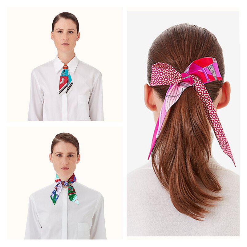 90cm*5cm Long Small Thin Stripe Print Skinny Scarf Luxury Brand Silk Scarf Women Bag Head Scarves For Ladies Tie