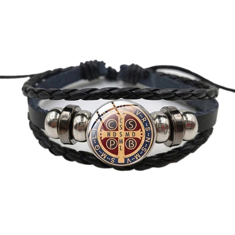 Katholieke Benedictus Exorcism Lederen Armband Nursia Benedictus Christian Patroon Glas Gesp Armband: 1