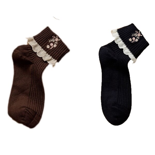 Calcetines con bordes de encaje para Mujer, medias con bordado de flores, Estilo Vintage, invierno, 2 pares: A 2Pair