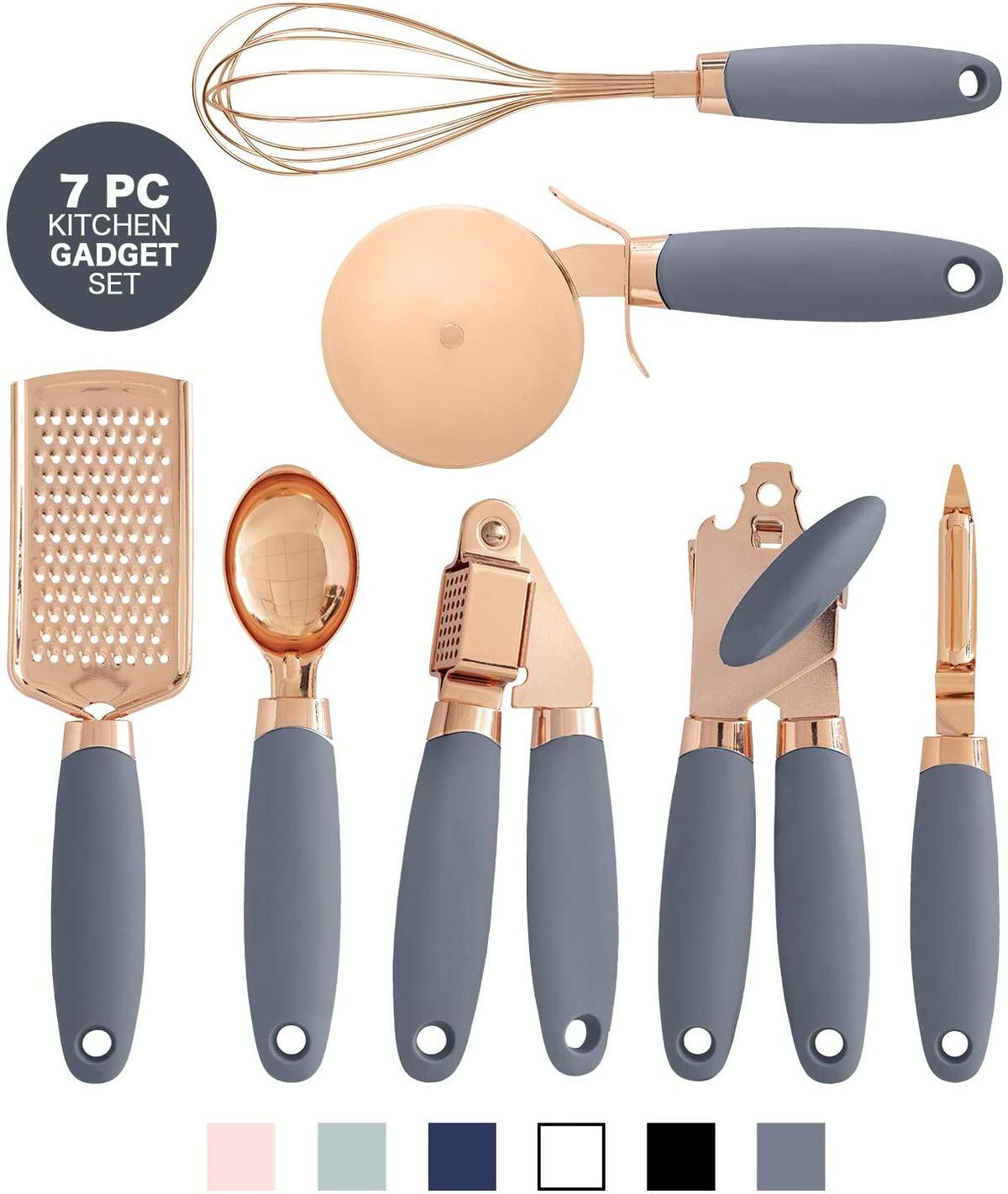 7pcs Kitchen Gadgets Set Copper Coated Stainless Steel Utensils Ice Scream Scoop Peeler Garlic Press Cheese Grater Whisk: Gray