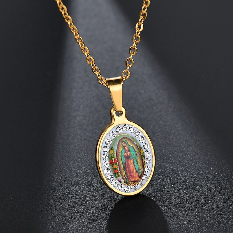 Uzone religiøs jomfru maria vedhæng amulet halskæde rustfrit stål kristne smykker cz sten bøn halskæder til kvinder krave
