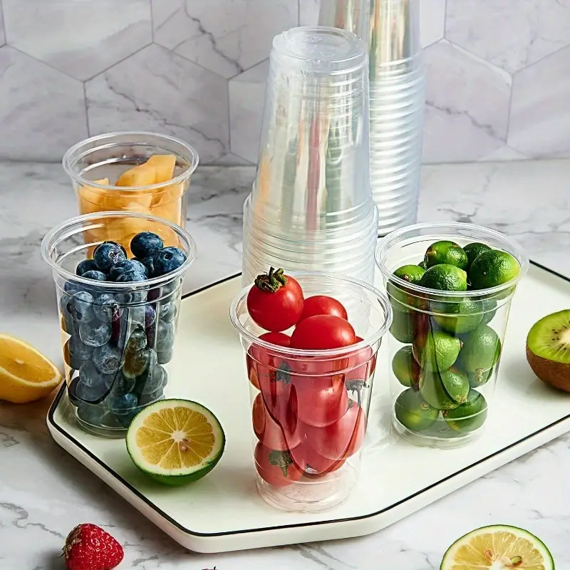 Vasos transparentes de plástico con tapa para té y leche, recipientes desechables para bebidas, zumo de frutas, café, arena y helado, 50 piezas