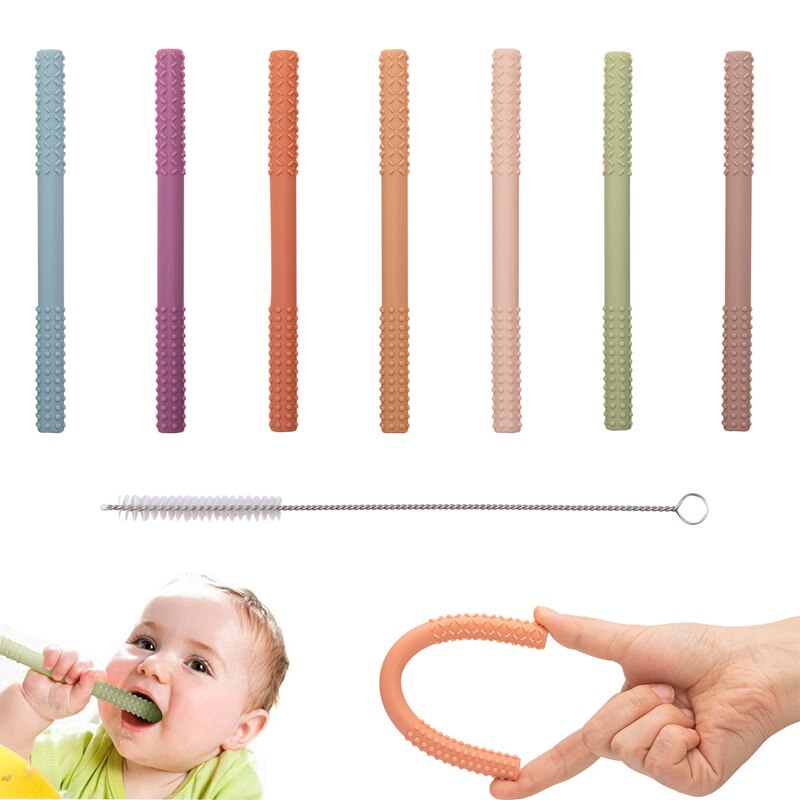 Baby Bijtring Food Grade Siliconen Molaire Stro Tandjes Tube Anti-Eten Hand Molaire Stok Siliconen + Stro Borstel Baby care Bijtringen