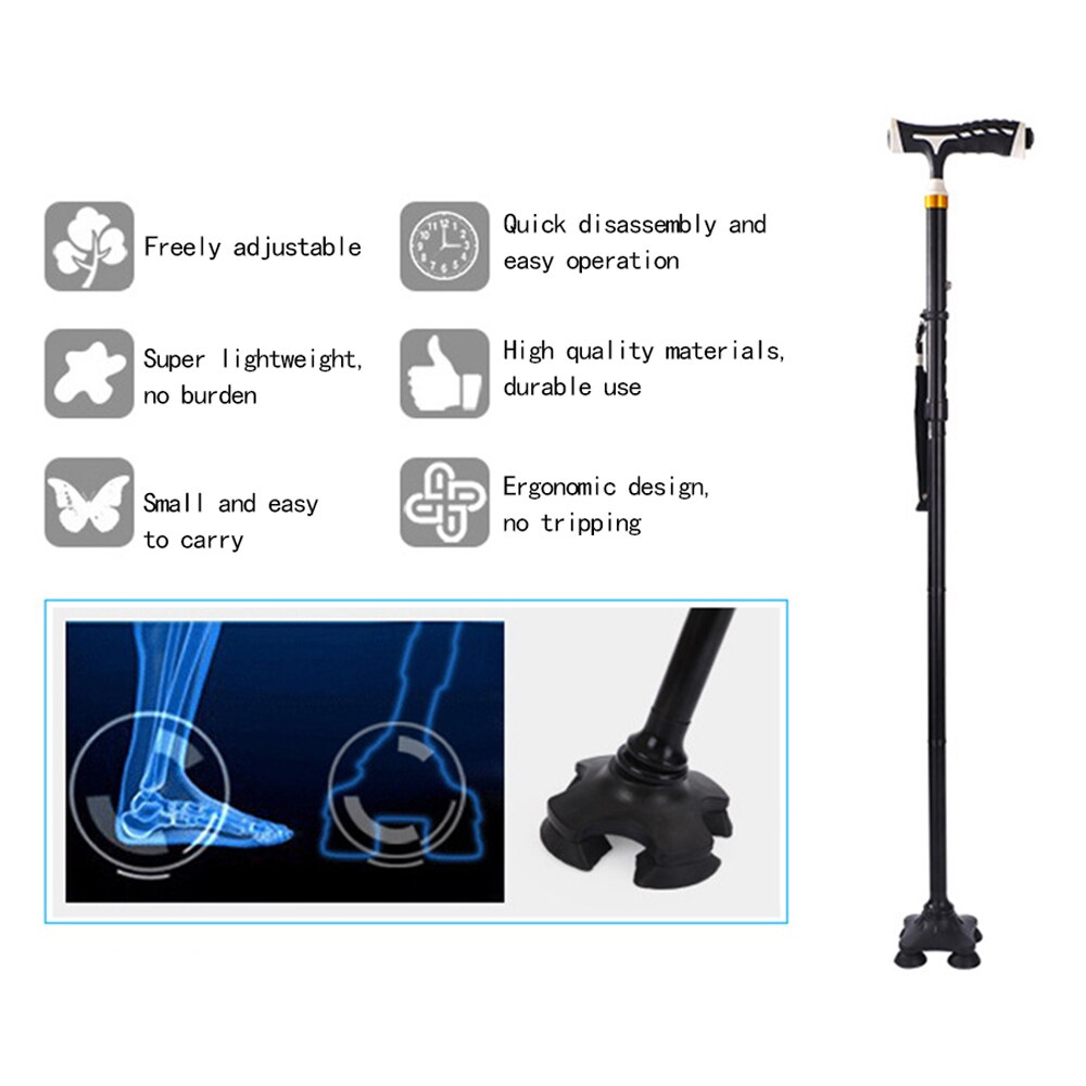 LED Light Four-legged Walking Stick Telescopic Baton Hiking Trekking Poles Metal Folding Cane Elderly People Crutches Pole