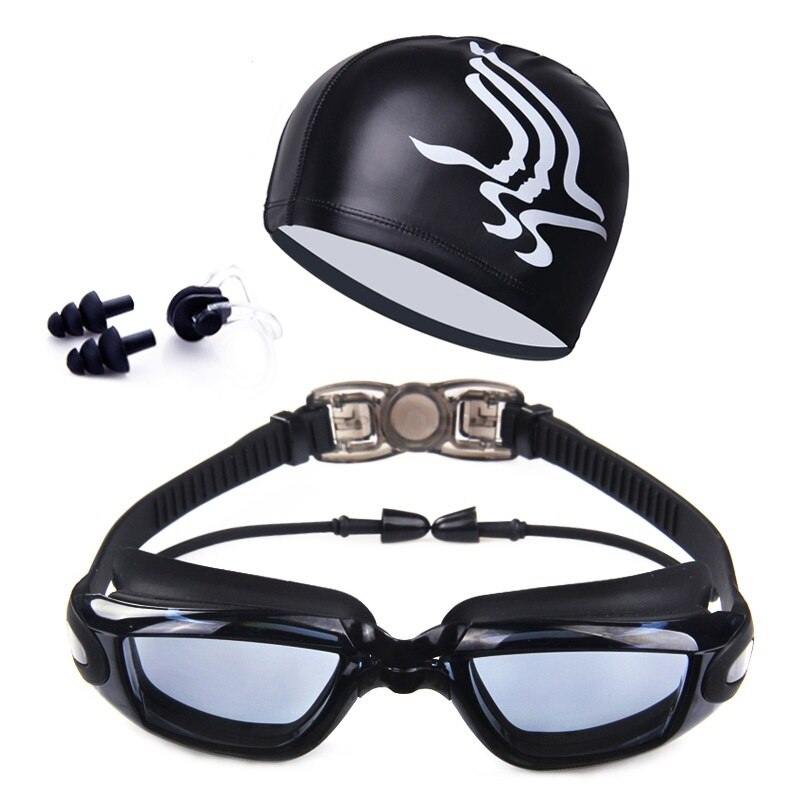 Cooling Swimming Goggles Hat Ear Plug Nose Clip Waterproof Swim Glasses Anti-fog UV Sport Swim Eyewear Set