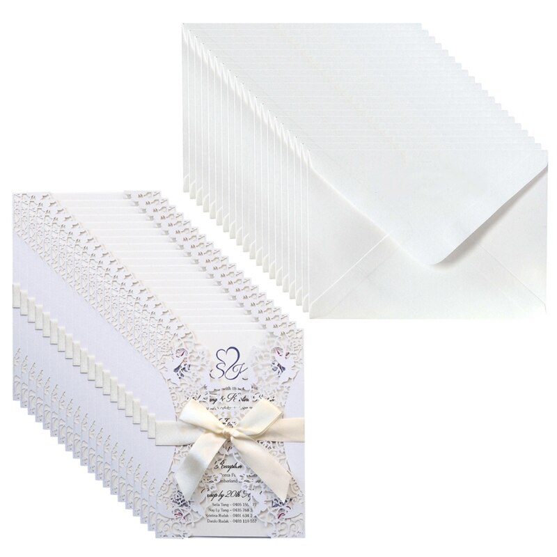 20pcs Wedding Invitations Card Hollow Invite Envelopes with Ribbon Bridal Shower A9LB