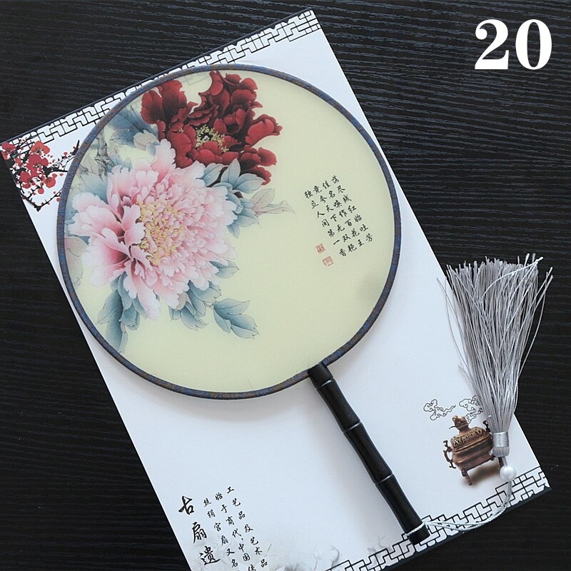 Hanfu Circular Fans Vintage Tassel Long Handle Ancient Chinese Style Court Dancing Round Fan Classical Printed Wedding Round Fan: 20