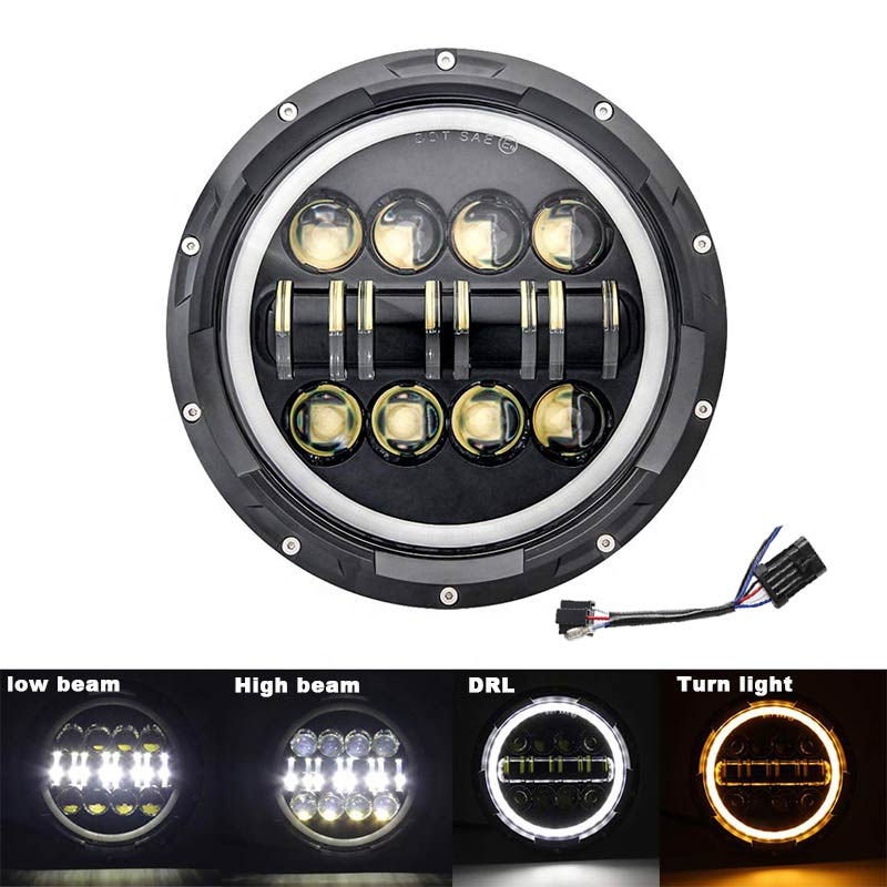 7 Inch Headlight For Harley Motorcycle 7Inch Round DRL Turn Signal Halo LED Headlamp: 80DB