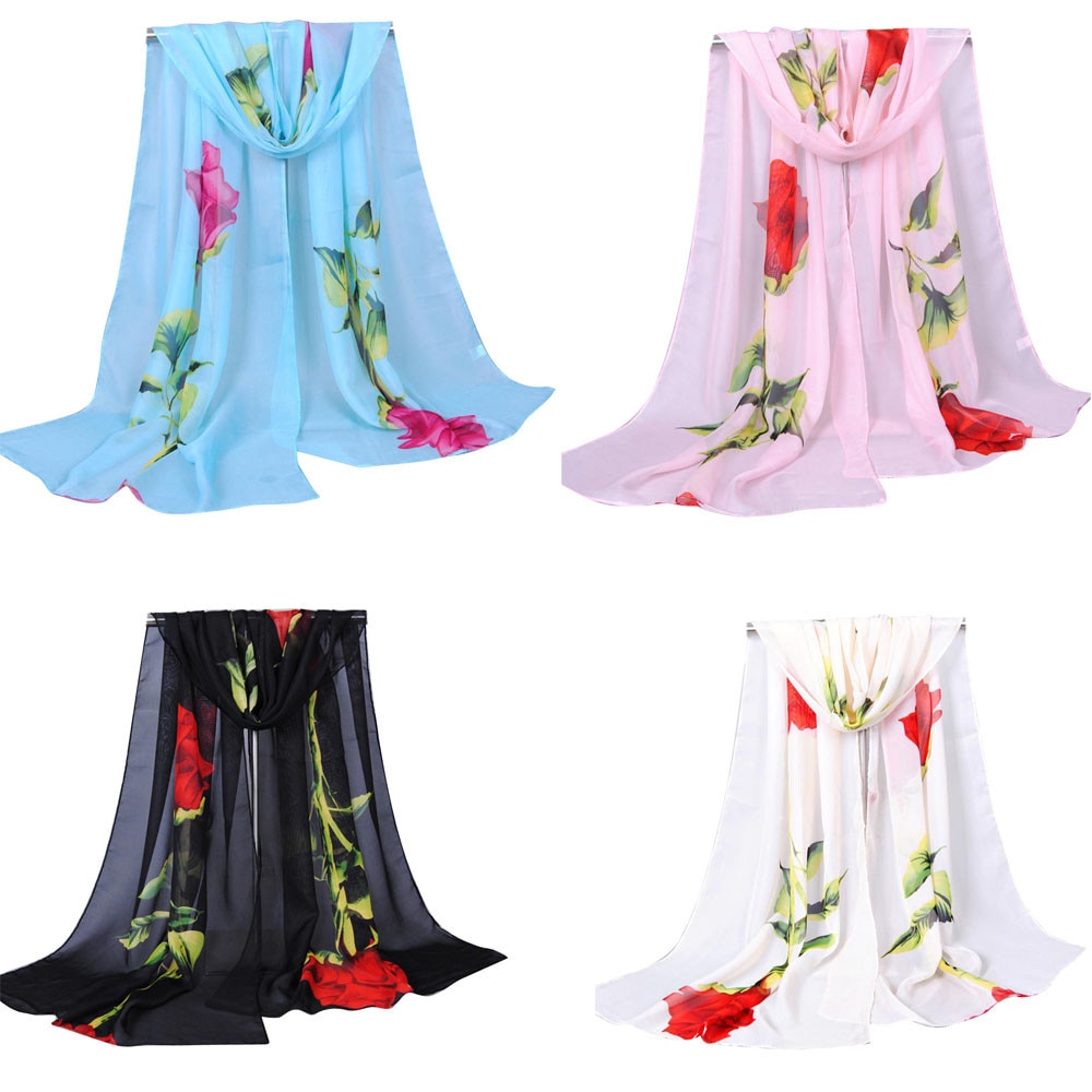 Zomer Mode Vrouwen Zijden Sjaal Rose Lange Soft Wrap Sjaal Dames Chiffon Sjaal Hijab Gedrukt Foulards Sjaals