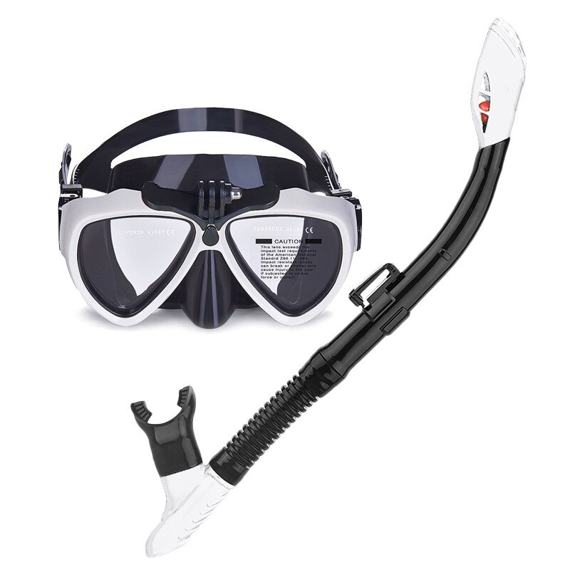 Professionele Duikbril Scuba Snorkel Zwemmen Goggle Droog Snorkel Buis Set Mannen Vrouwen Anti-Fog Bril Met Camera Gopro houder: White
