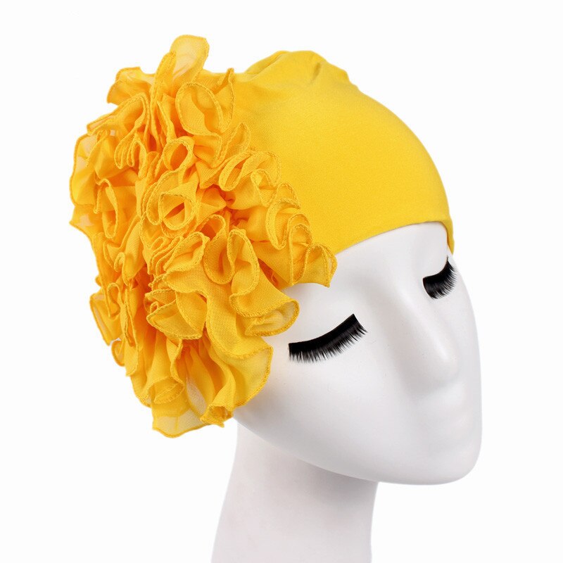 Frauen Muslimischen Rüschen Blume Turban Motorhaube Hütte Bandana Chemo Kappen wickeln Kopftuch: Gelb