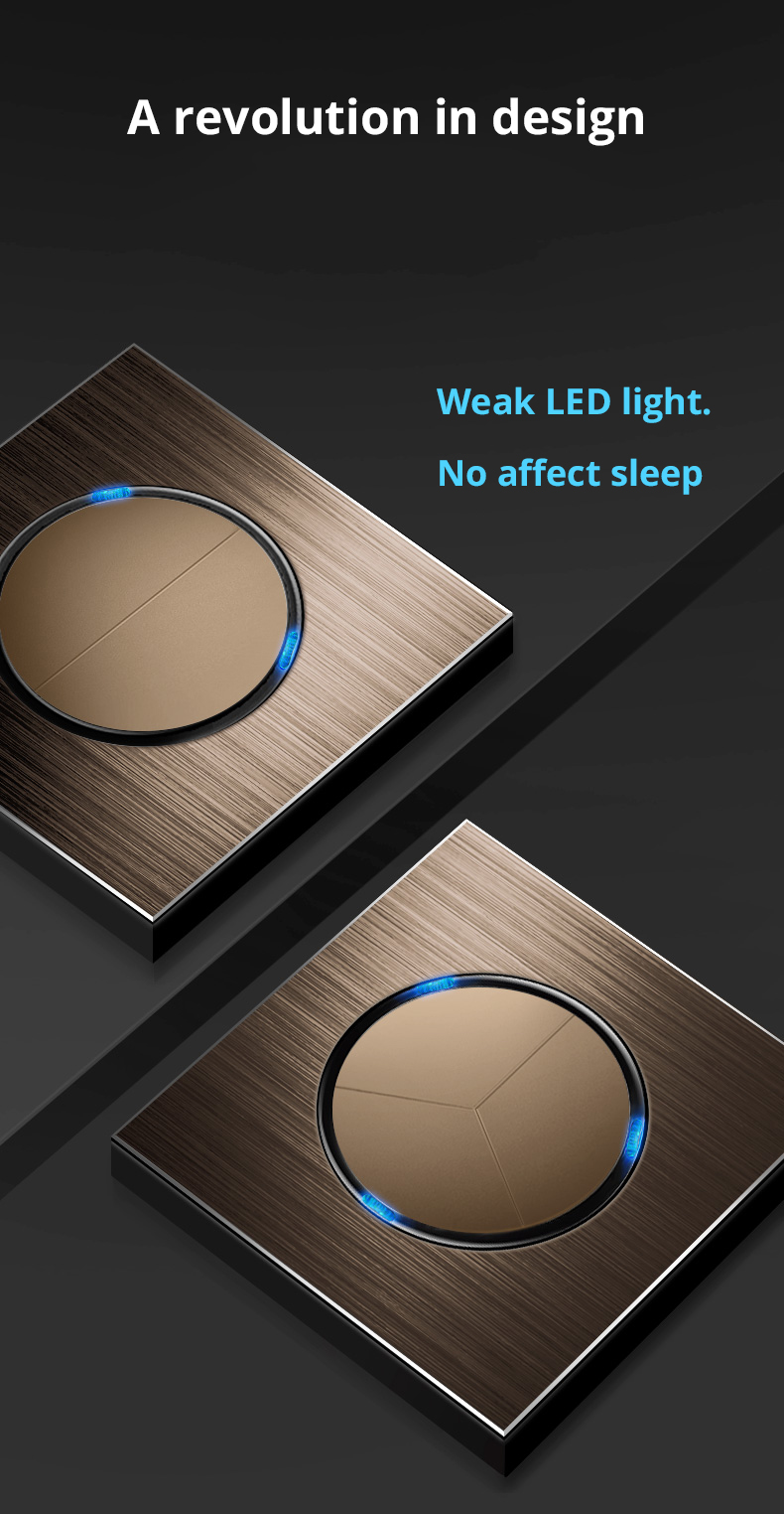 Bruine Wandschakelaar Met Ronde Led-Lichtknop 1 2 3 4 Bende Lichtschakelaar Geborsteld Aluminium Metalen Paneel, L6 Serie