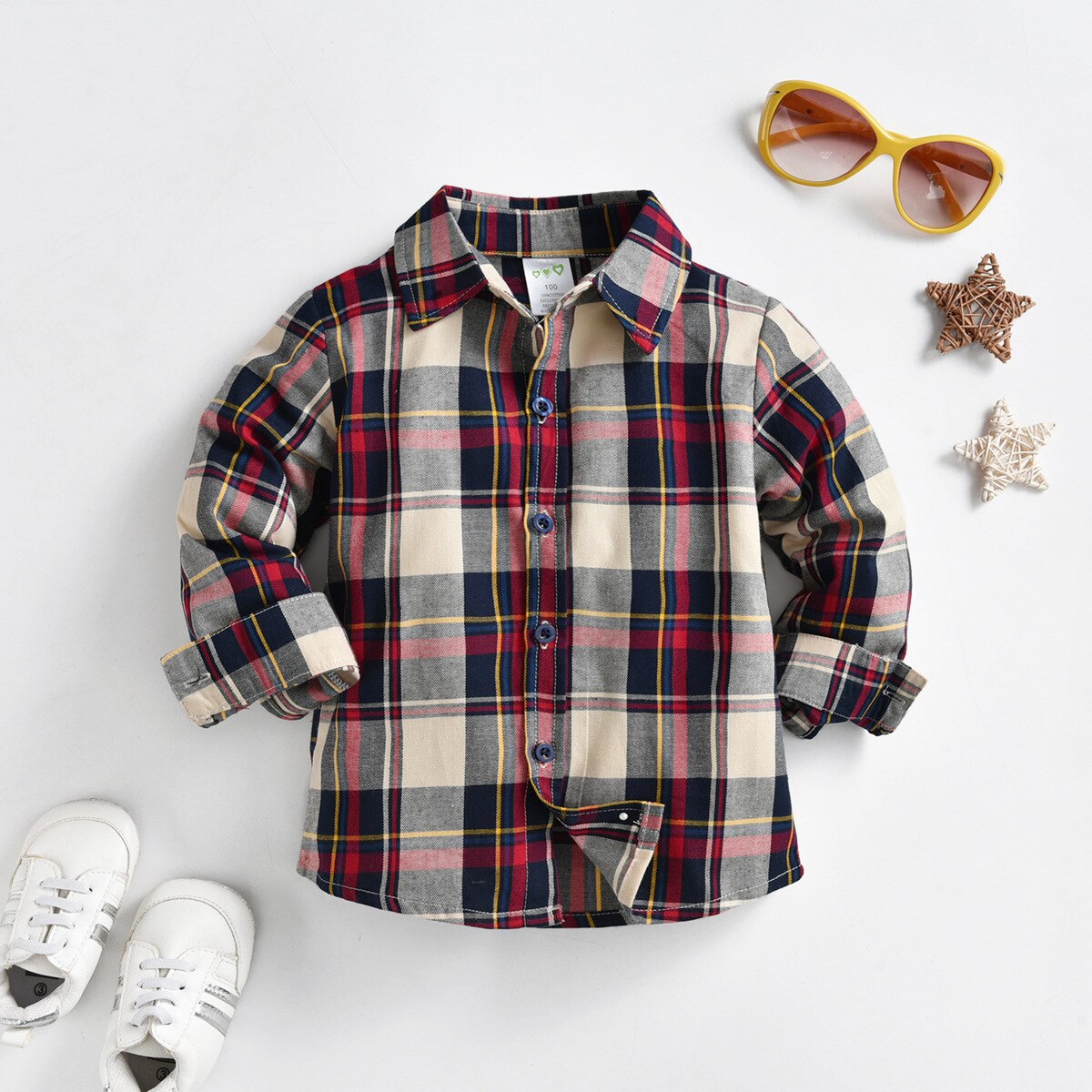 2 colori camicie per neonati camicie a maniche lunghe Plaid classico risvolto bambino Casual top camicia da uomo camicette classiche per bambini abbigliamento: Rosso / 90CM