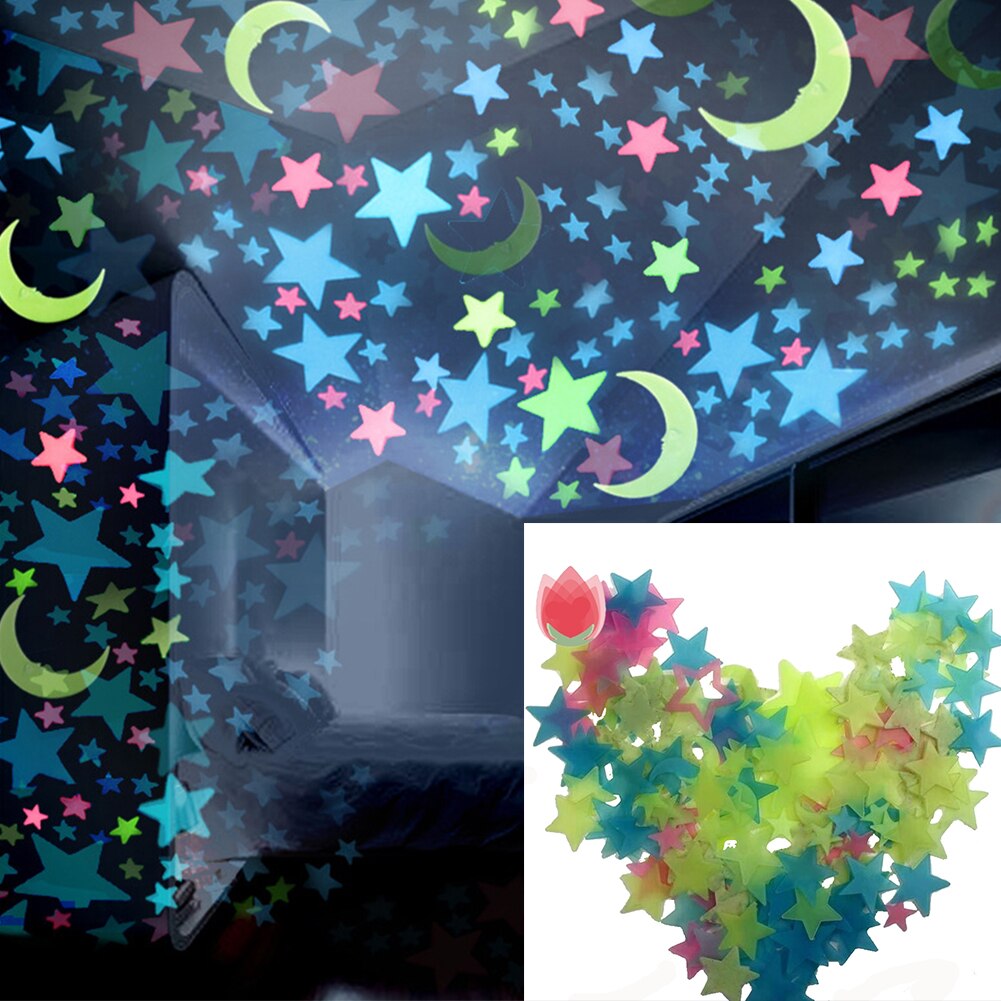 100 Pcs 3d Star And Moon Energy Storage Fluorescent Glow In The Dark Luminous On Wall Stickers For Kids Room Living Room Decal