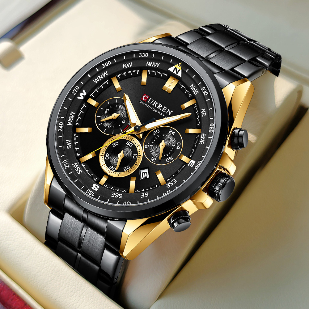 Curren Mannen Quartz Horloges Luxe Sportieve Chronograaf Horloges Met 316 Roestvrij Staal Lichtgevende Handen Mannelijke Klok Zwart