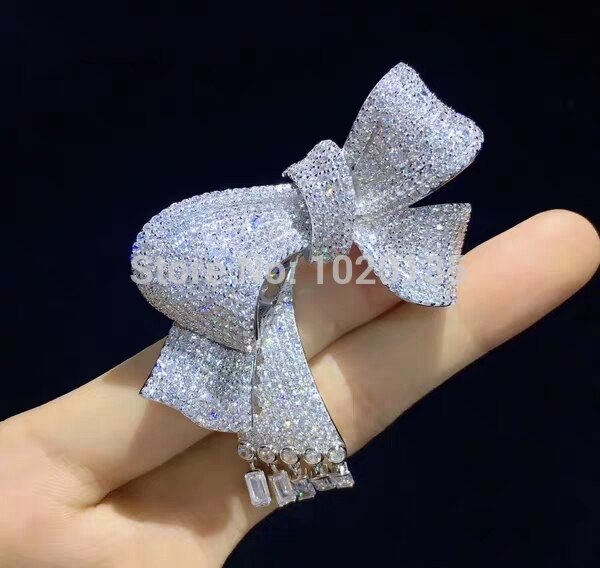 Zircon Bowknot Brooch - 64x47mm - Sterling Silver 925 - Trendy Women's Wedding Jewelry