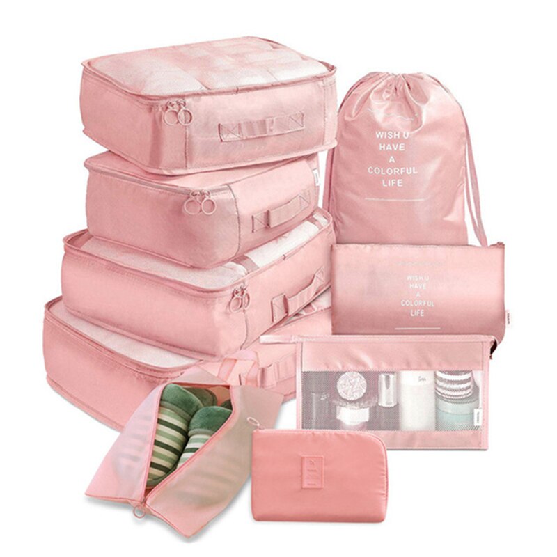 9-piece Suitcase Organize Storage Bag Portable Cosmetic Bag Clothes Underwear Shoes Packing Set Travel accessories: Pink